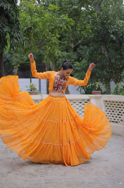 Bandhej Print Navratri Lehenga Choli with Gamthi Embroidery & Gotta Patti Lace – 12 Meter Flair (Fully Stitched)