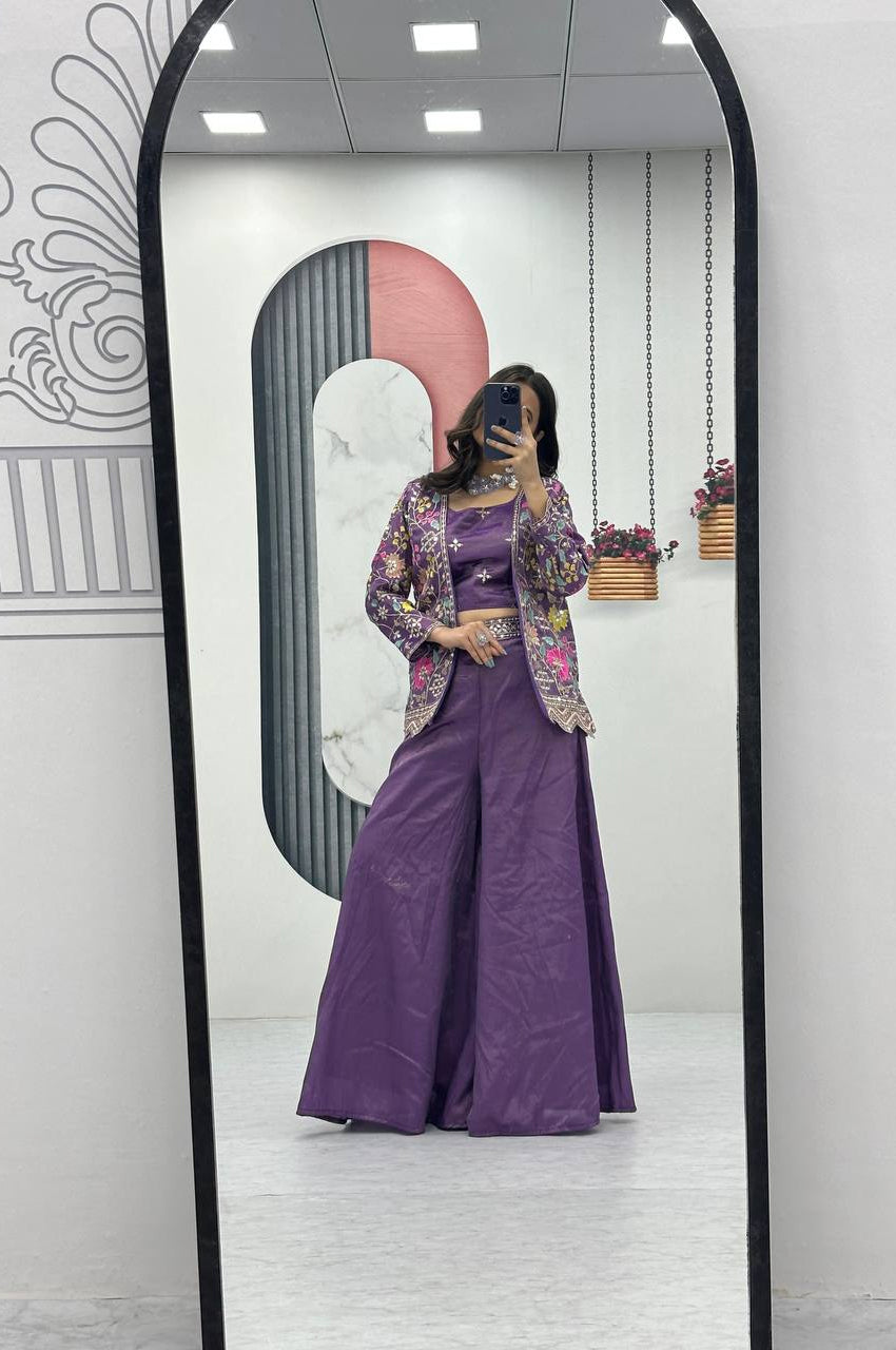 Violet Red & Violet Choli with Embroidered Shrug & Plazzo