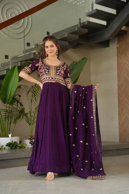 Premium Vichitra Silk Gown with Dupatta (Red & Purple Variants)