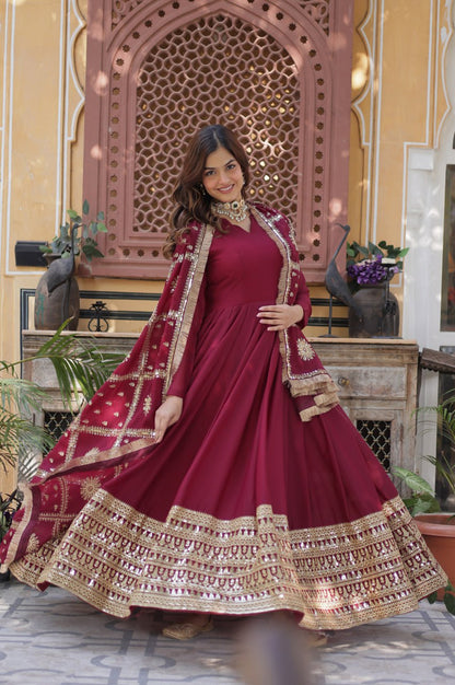 Black & Maroon Star  Gown with Dupatta – Ready-to-Wear Collection