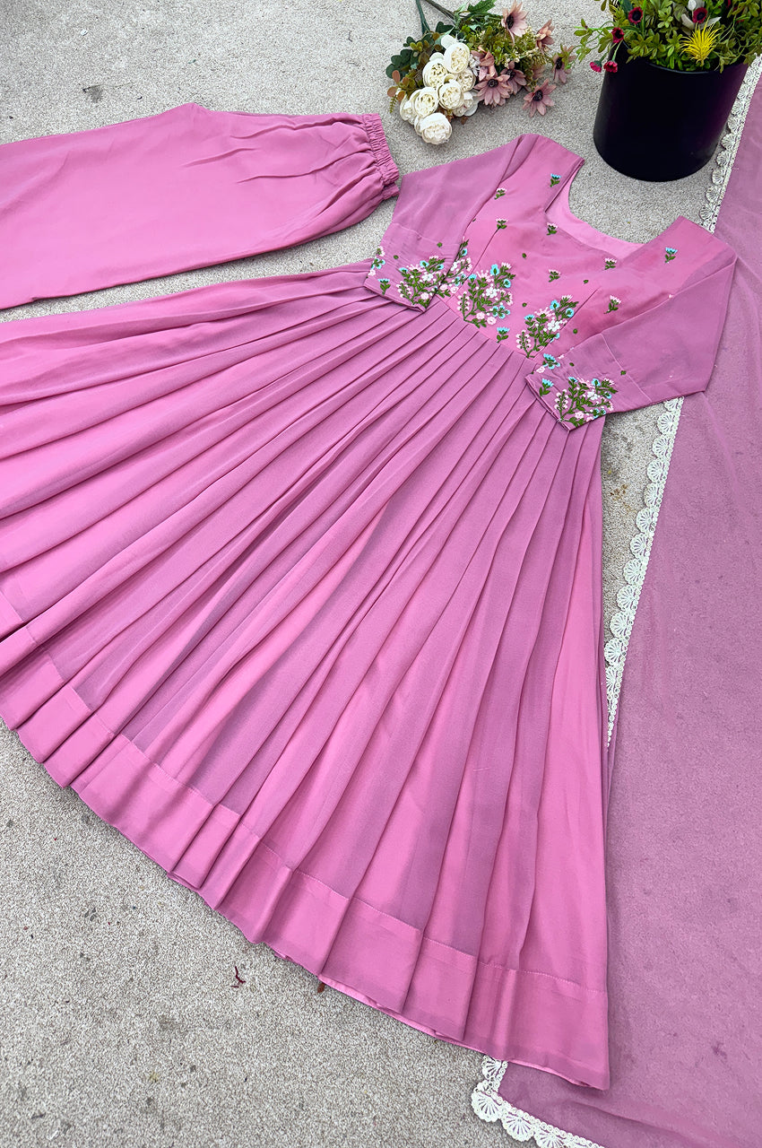 Faux Georgette Embroidered Party Wear Set – Long Top, Plazzo & Dupatta