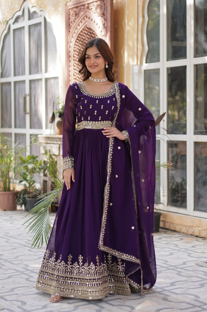 Maroon & Purple Faux Embroidered Gown with Dupatta – Regal Edition