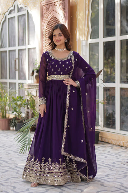 Maroon & Purple Faux Embroidered Gown with Dupatta – Regal Edition