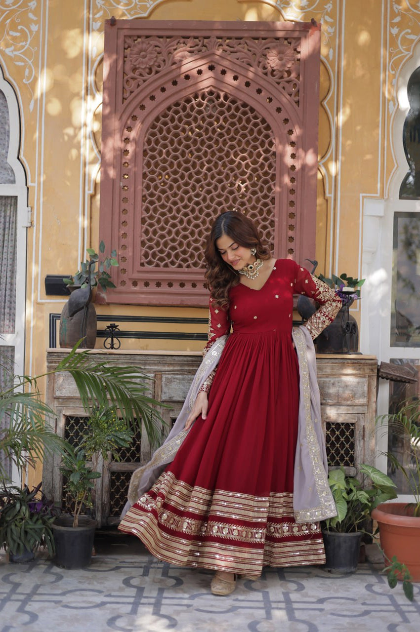 Maroon Designer Gown Set with Zari Sequin Embroidery & Faux Dupatta