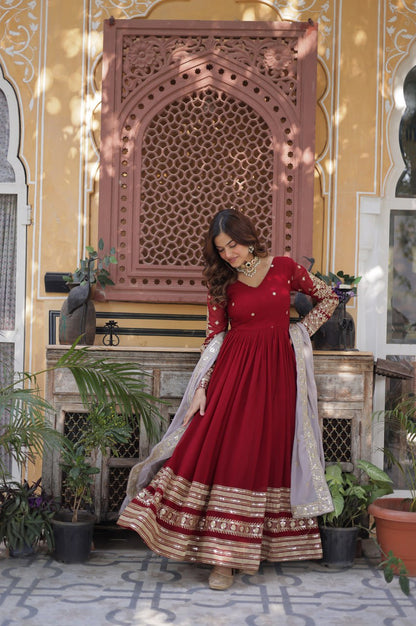 Maroon Designer Gown Set with Zari Sequin Embroidery & Faux Dupatta