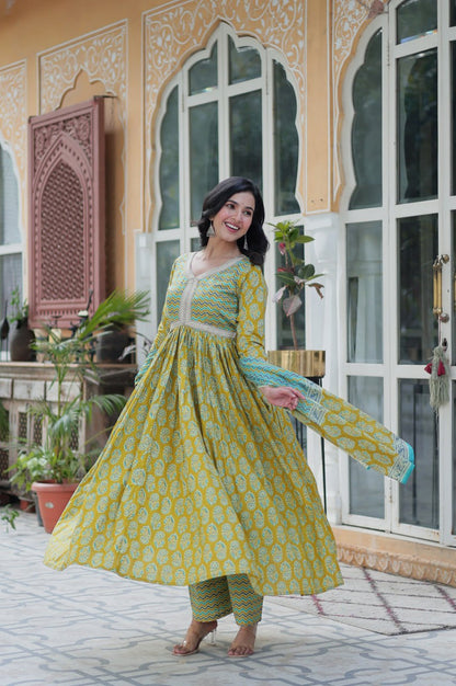 Pure Cotton Kurti Pant Dupatta Set | Coffee & Green | Ethnic Luxe