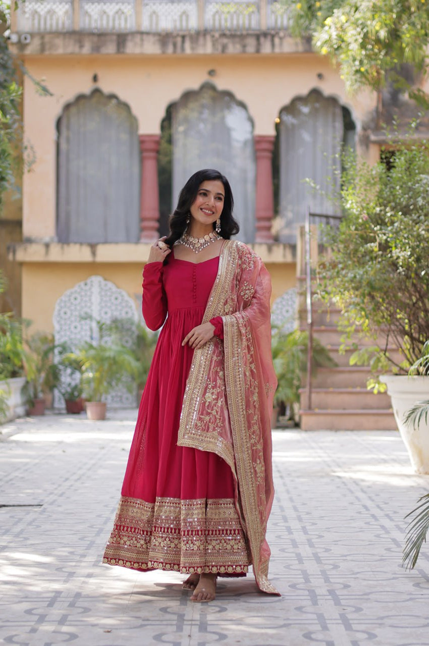 Rani Pink & Green Vichitra Gown with Dupatta – Festive Flair Edition
