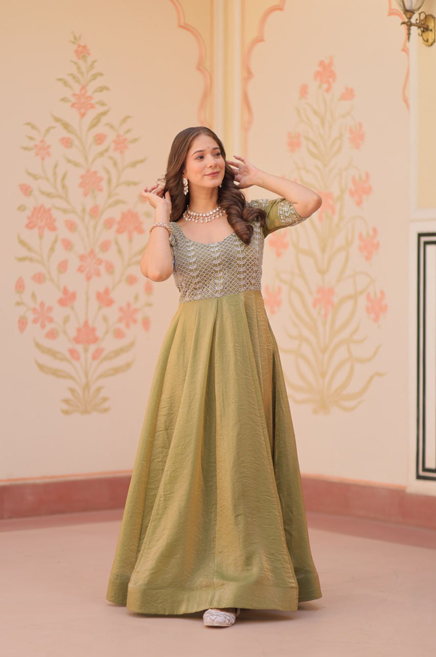 Blue & Green Beads Embroidered Fendy Gown