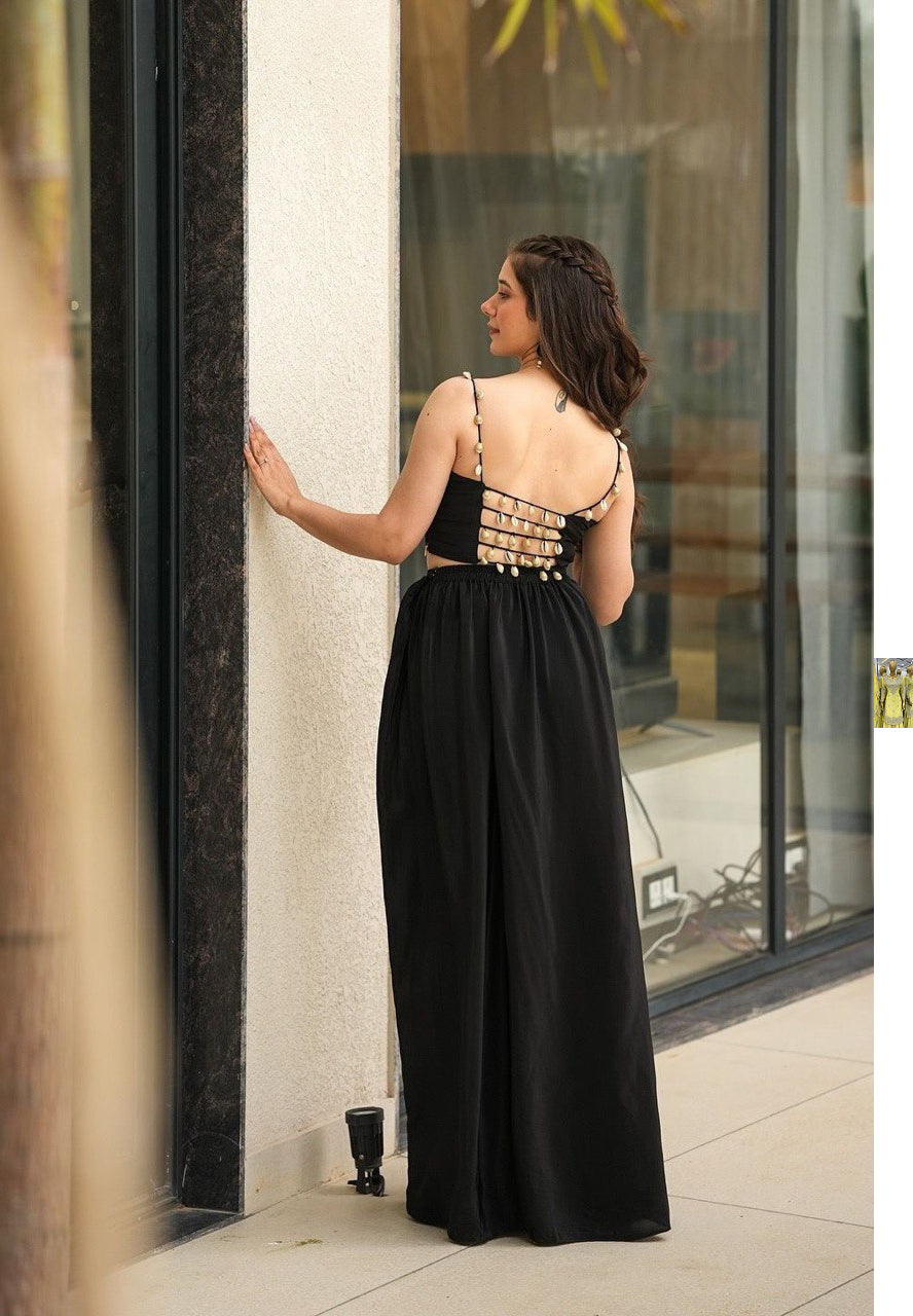 Black Indo-Western Drape Skirt Set with Embroidered Blouse & Shrug