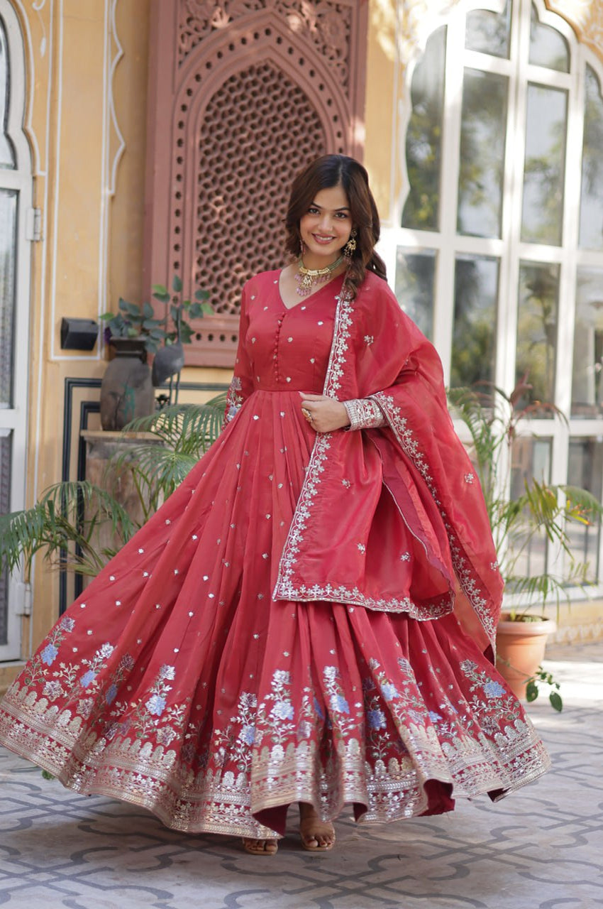 Viscose Cosmos Embroidered Gown Set | Red  | Elegant Festive Wear