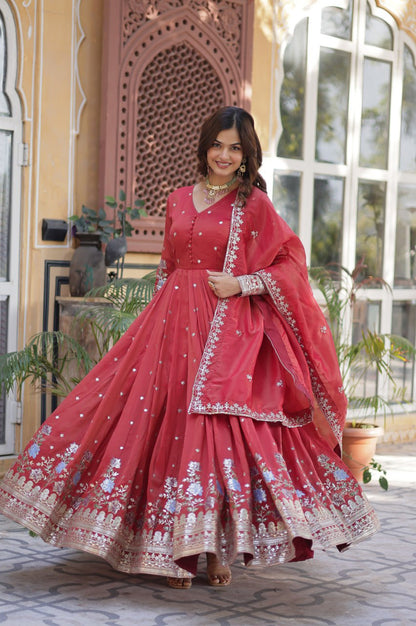 Viscose Cosmos Embroidered Gown Set | Red  | Elegant Festive Wear