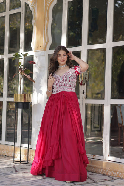 Slit-Cut Long Kurti with Lehenga Set | Purple & Red