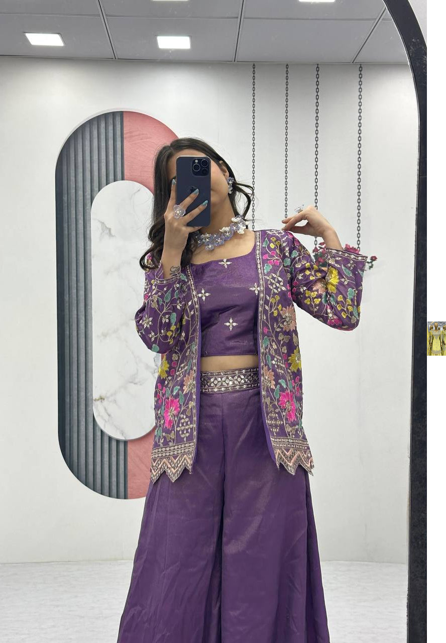 Violet Red & Violet Choli with Embroidered Shrug & Plazzo