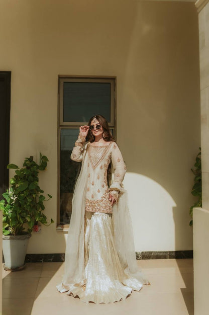 Embroidered Fox Georgette Sharara Suit with Moti Work Net Dupatta – Fully Stitched Elegance