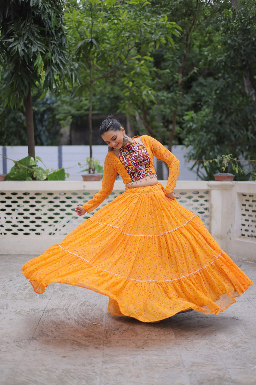 Bandhej Print Navratri Lehenga Choli with Gamthi Embroidery & Gotta Patti Lace – 12 Meter Flair (Fully Stitched)