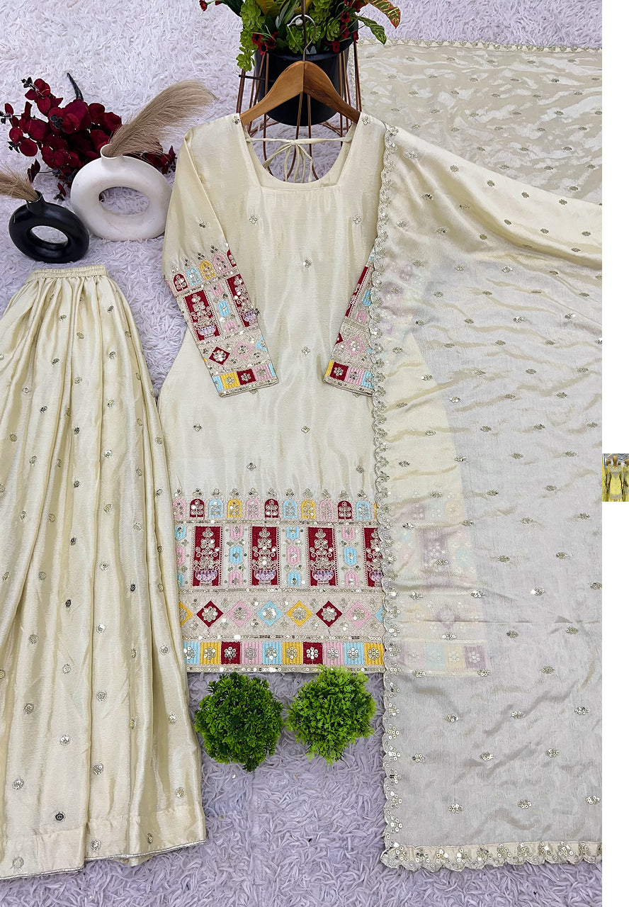 Cream Chinon Silk Embroidered Gharara Suit Set with Dupatta