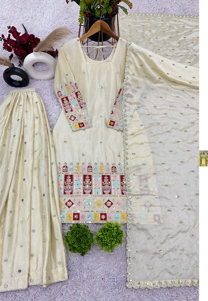Cream Chinon Silk Embroidered Gharara Suit Set with Dupatta