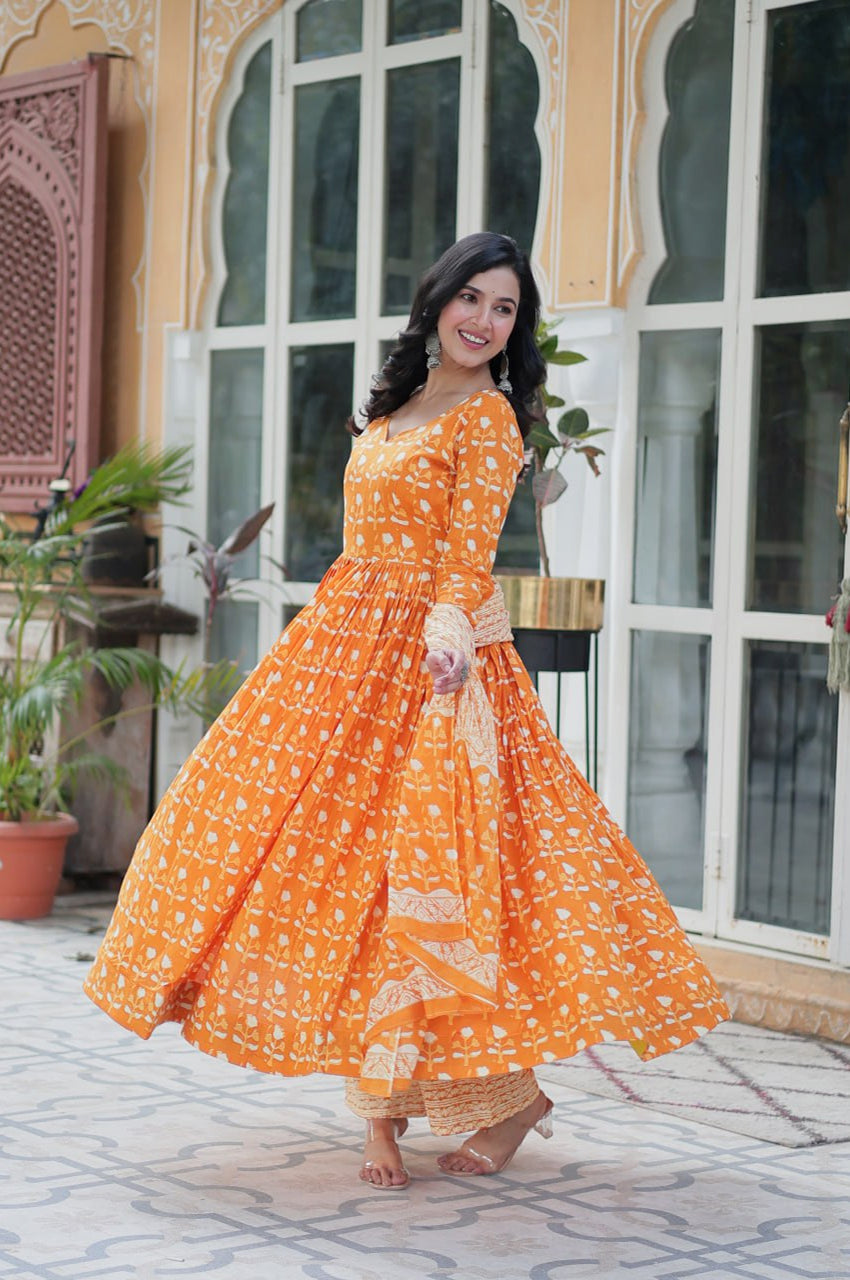 Pure Cotton Kurti Pant Dupatta Set | Gray & Orange | Ethnic Charm