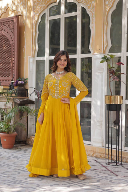 Yellow & Red Faux Blooming Designer Gown with Dupatta