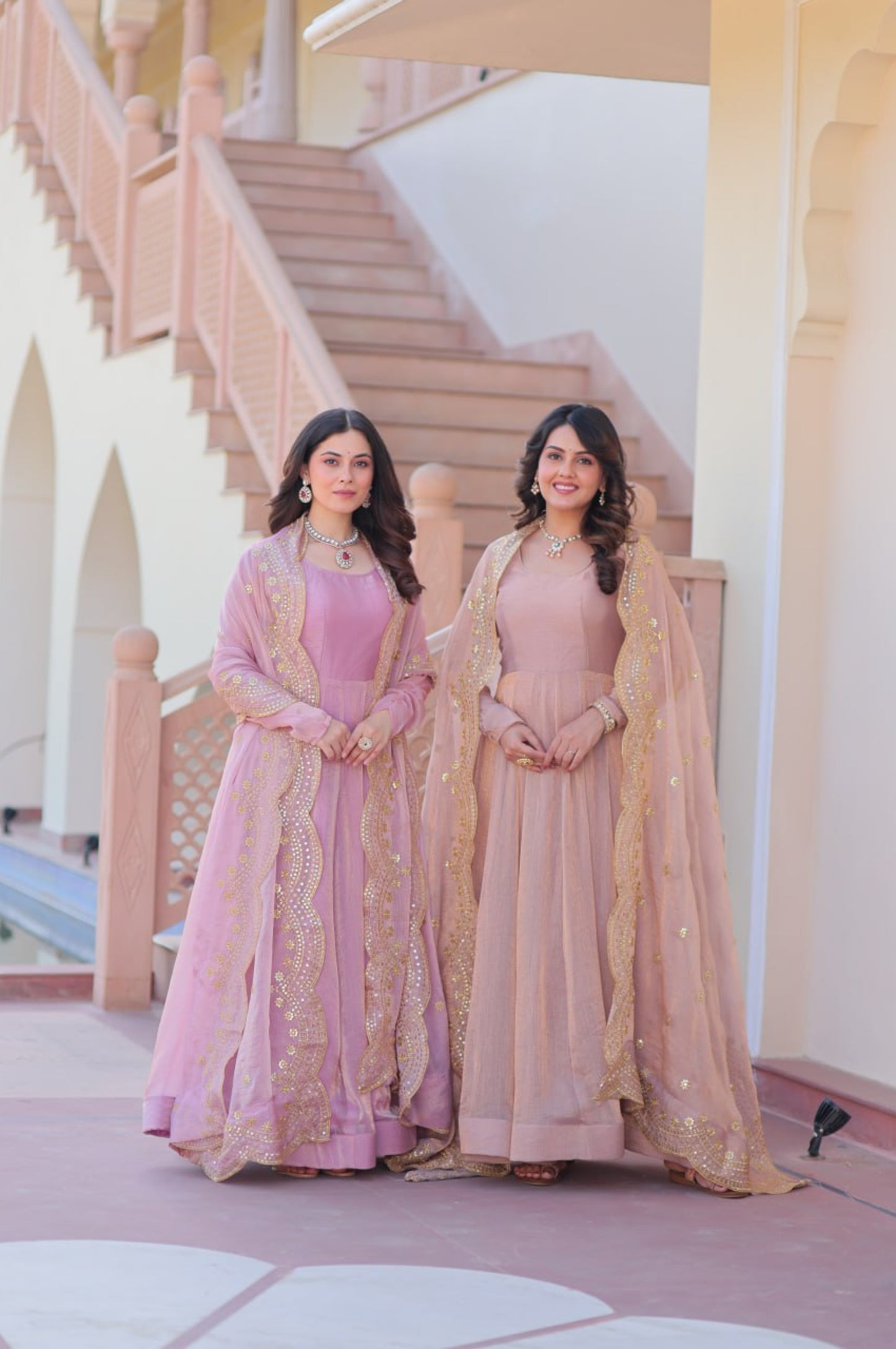 Baby Pink & Light Cream Fendy Gown with Embroidered Dupatta