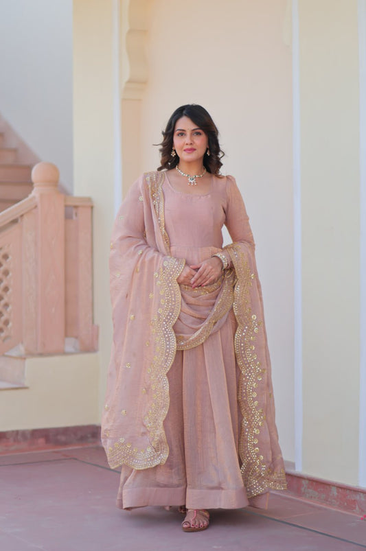 Baby Pink & Light Cream Fendy Gown with Embroidered Dupatta