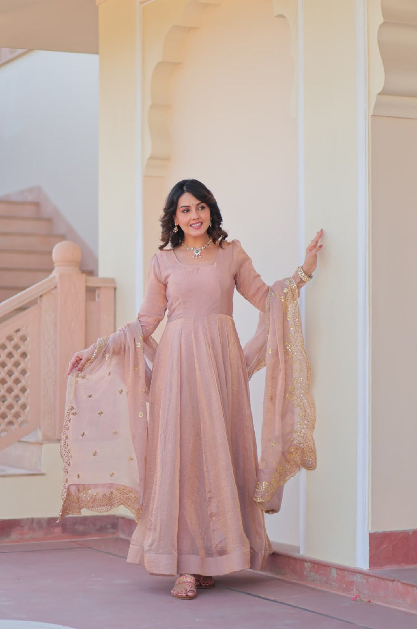 Baby Pink & Light Cream Fendy Gown with Embroidered Dupatta