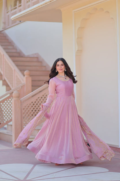 Baby Pink & Light Cream Fendy Gown with Embroidered Dupatta