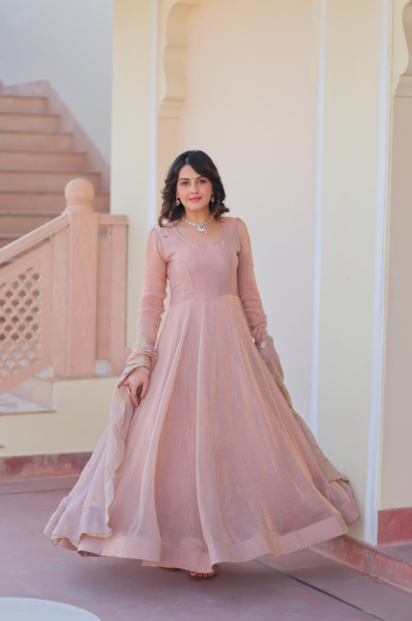 Baby Pink & Light Cream Fendy Gown with Embroidered Dupatta