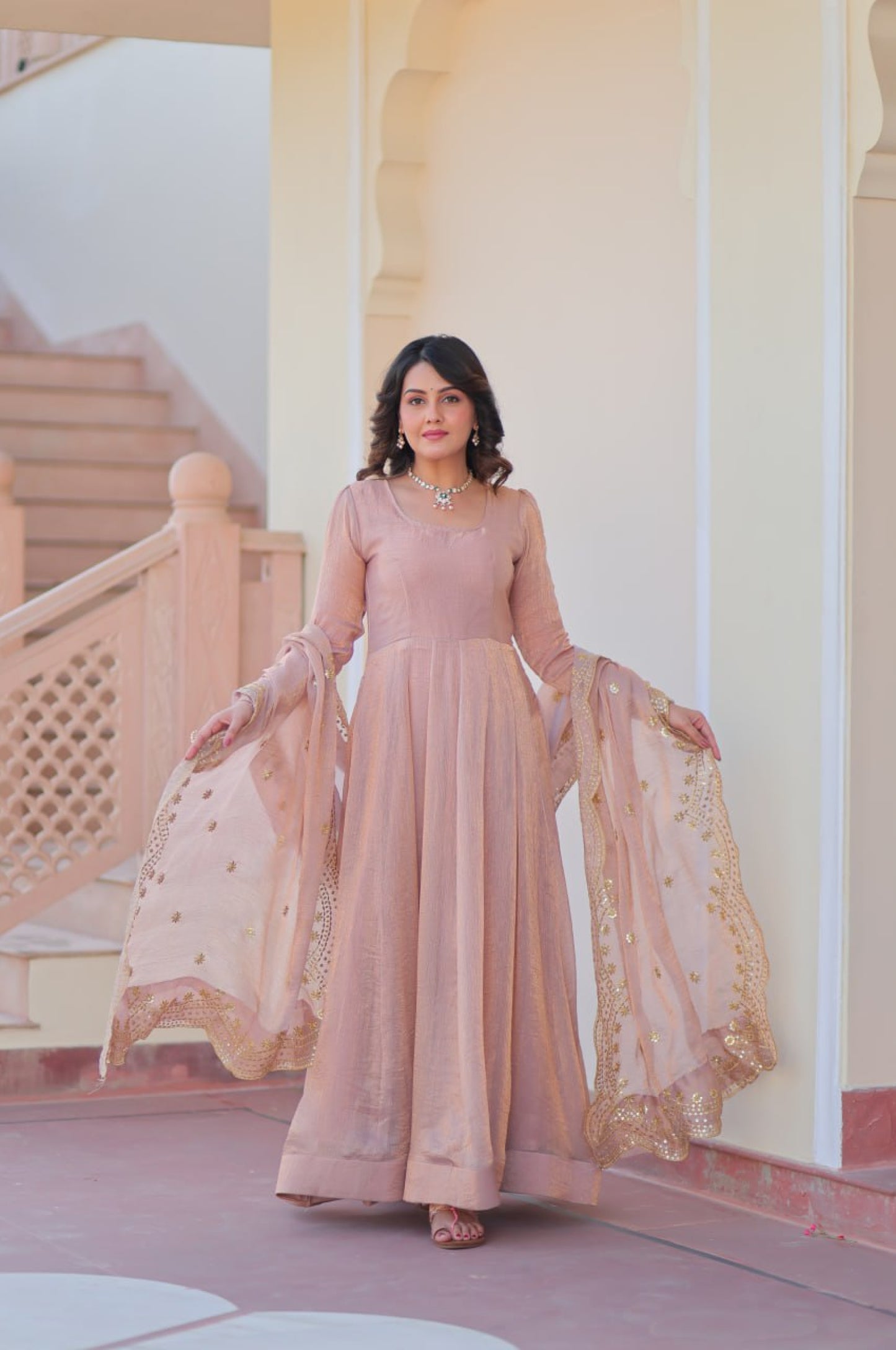 Baby Pink & Light Cream Fendy Gown with Embroidered Dupatta