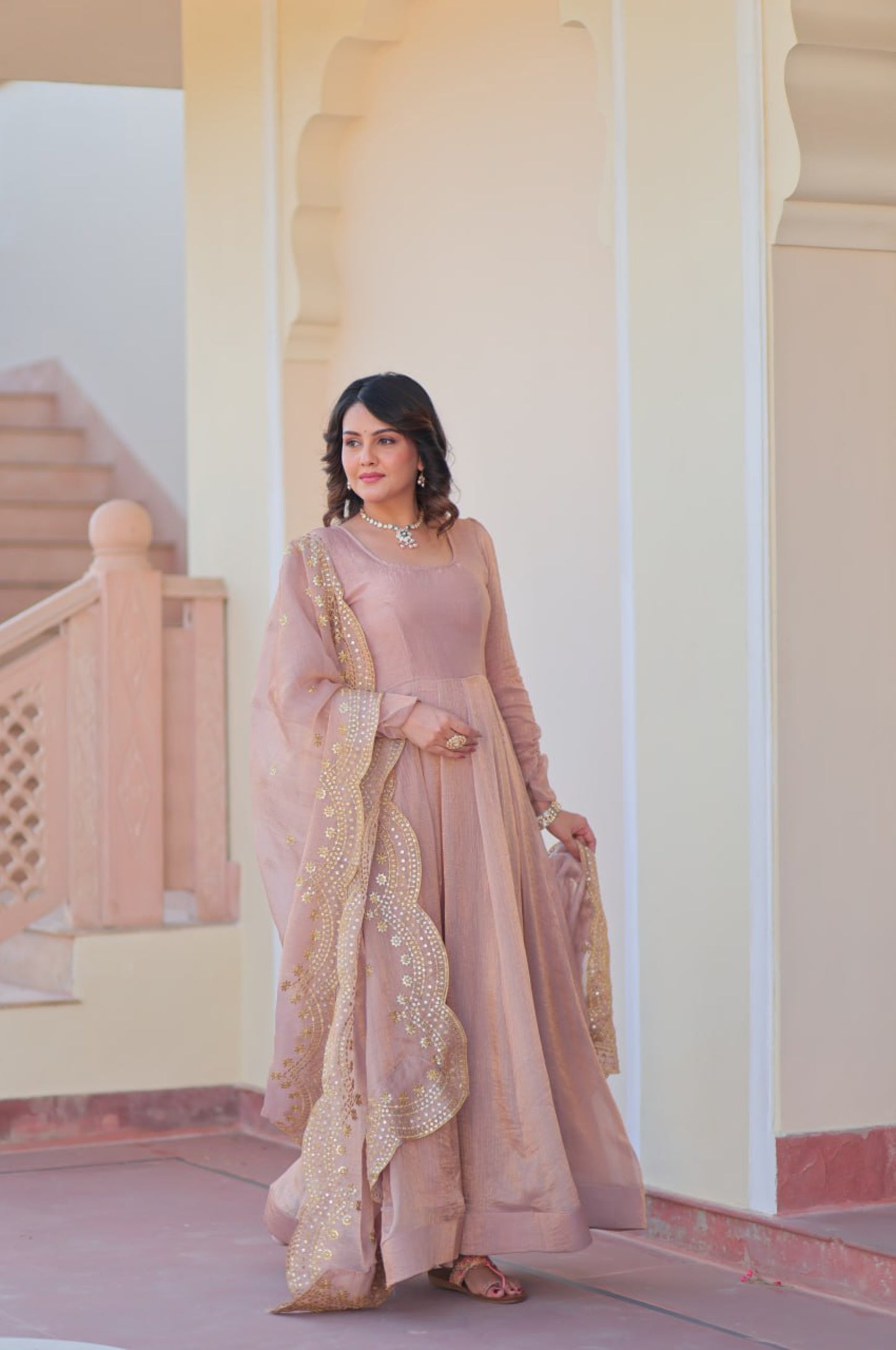 Baby Pink & Light Cream Fendy Gown with Embroidered Dupatta