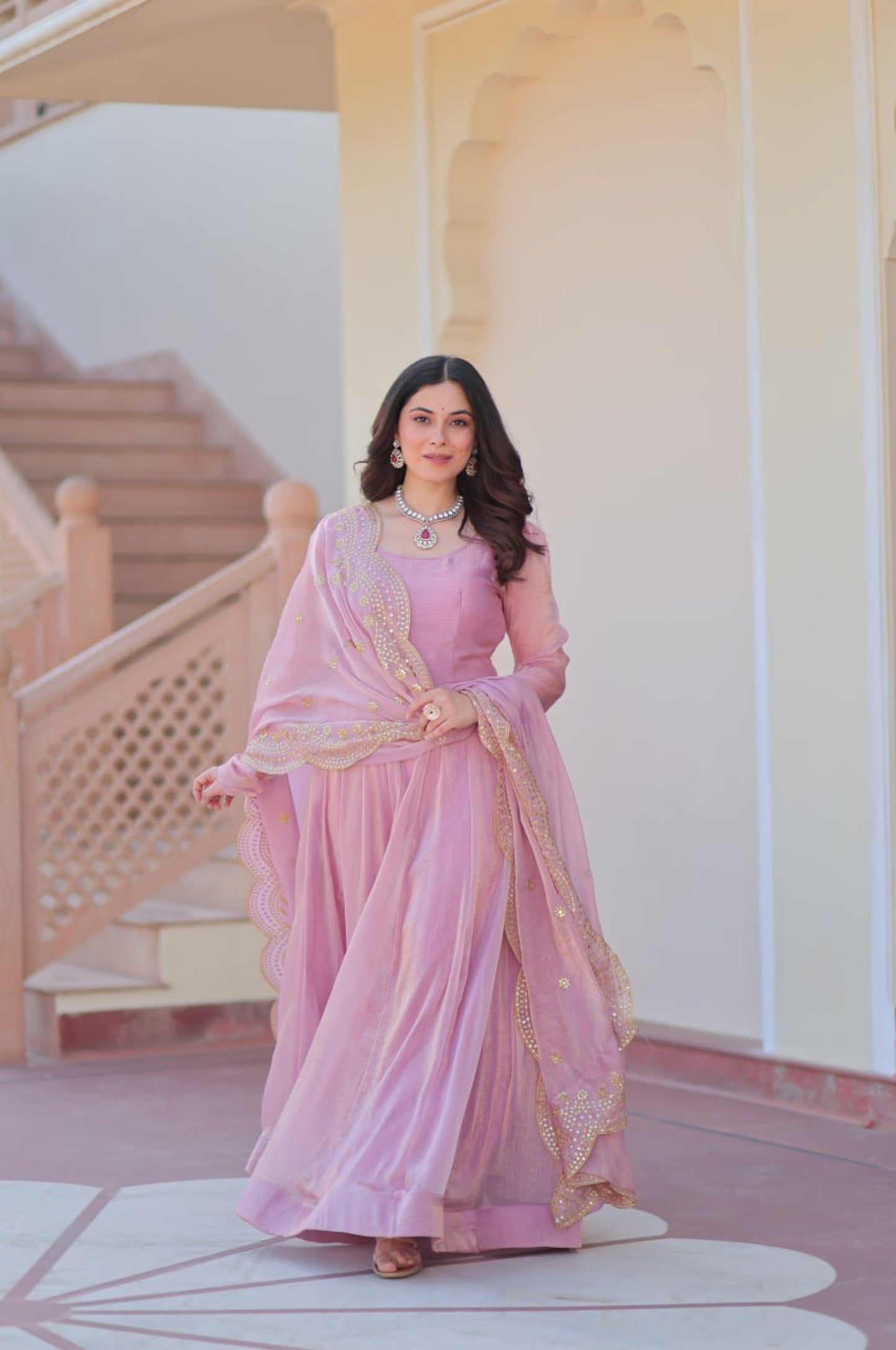 Baby Pink & Light Cream Fendy Gown with Embroidered Dupatta