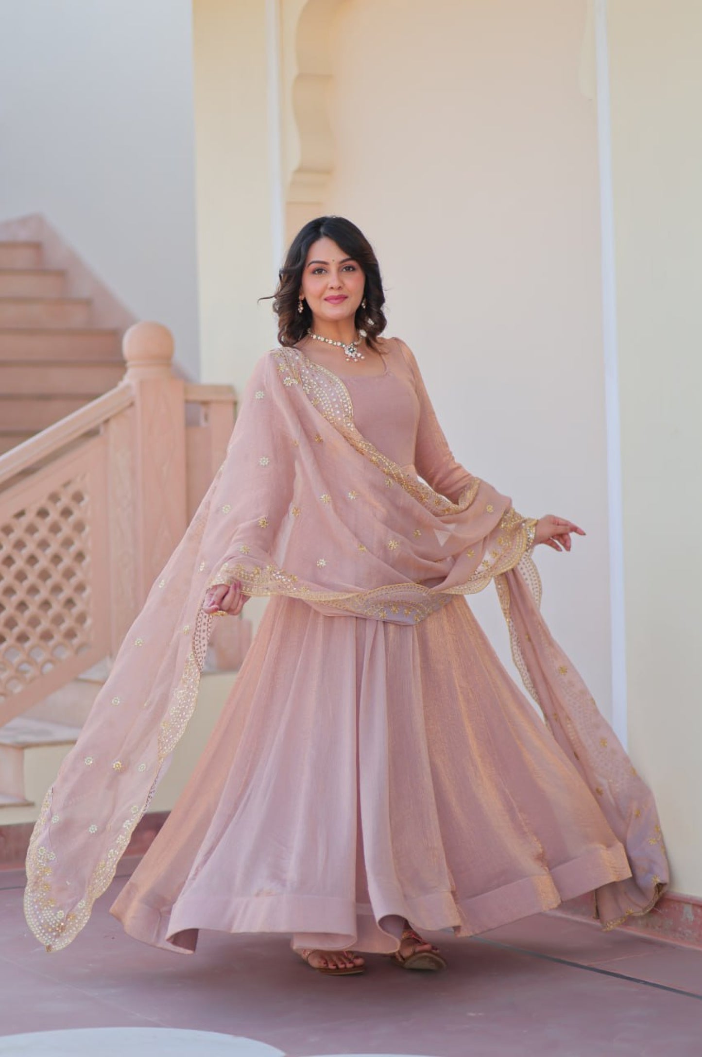Baby Pink & Light Cream Fendy Gown with Embroidered Dupatta