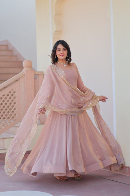 Baby Pink & Light Cream Fendy Gown with Embroidered Dupatta