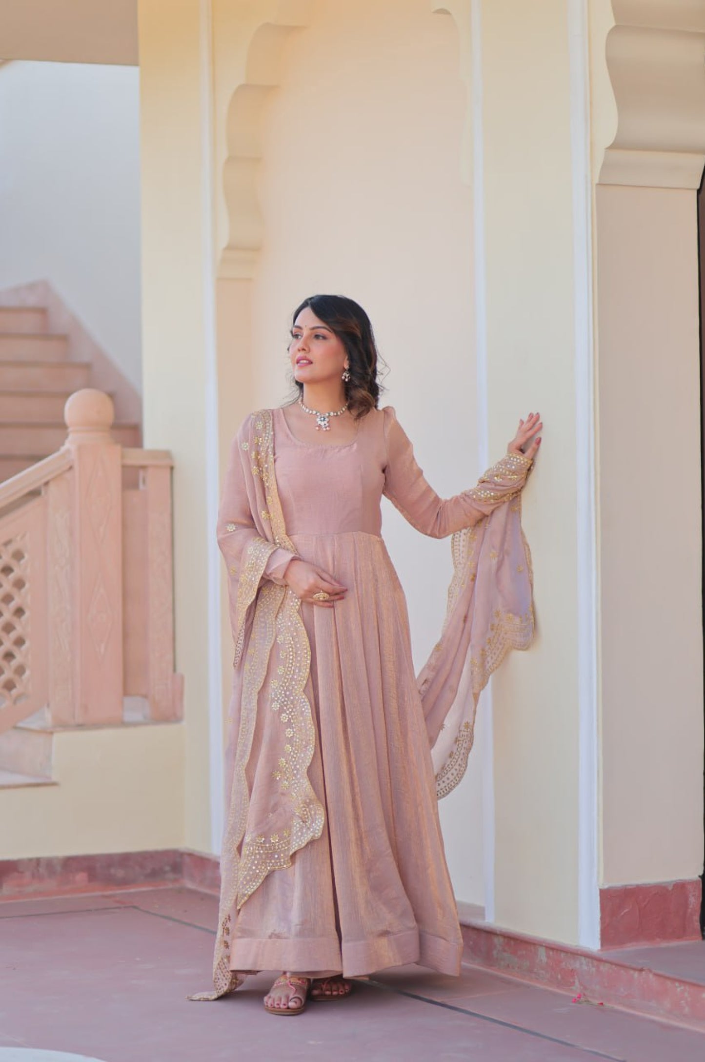Baby Pink & Light Cream Fendy Gown with Embroidered Dupatta