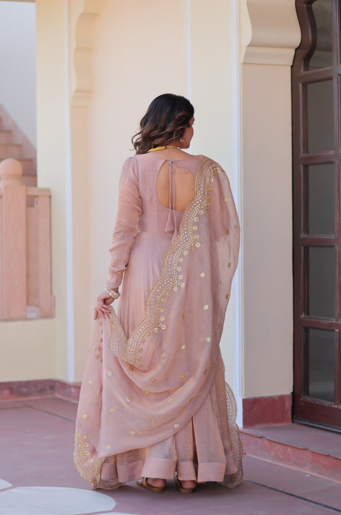 Baby Pink & Light Cream Fendy Gown with Embroidered Dupatta
