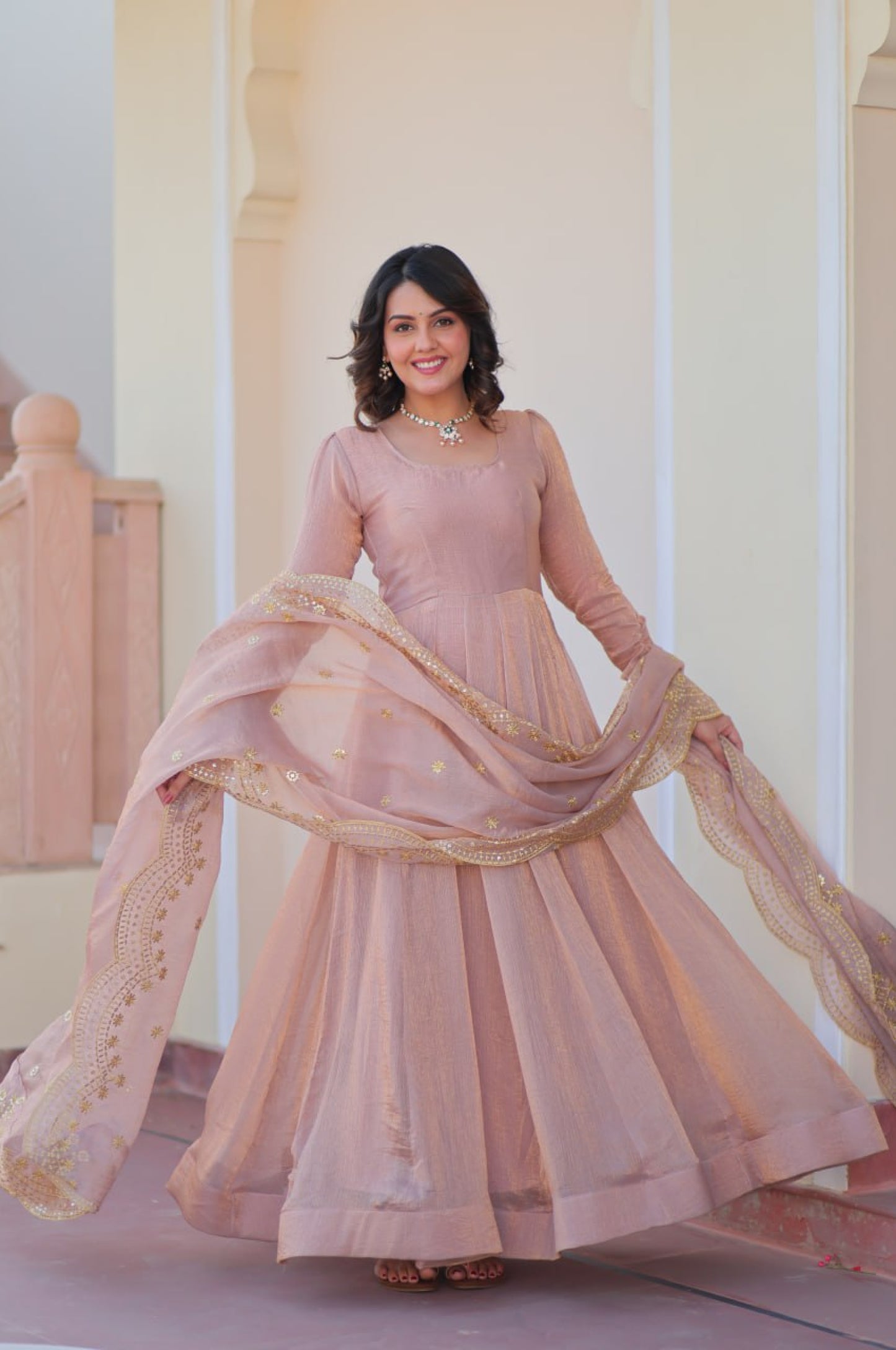 Baby Pink & Light Cream Fendy Gown with Embroidered Dupatta