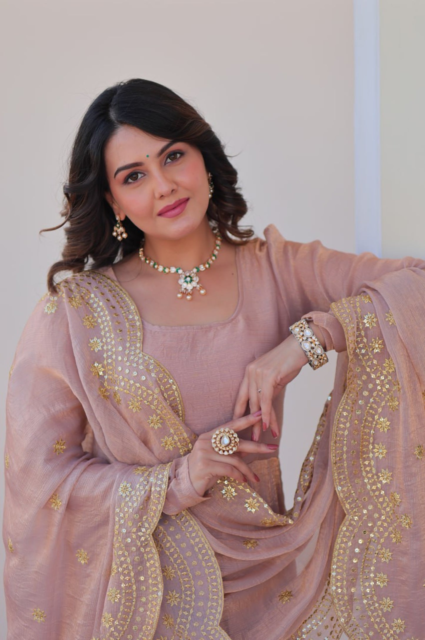 Baby Pink & Light Cream Fendy Gown with Embroidered Dupatta