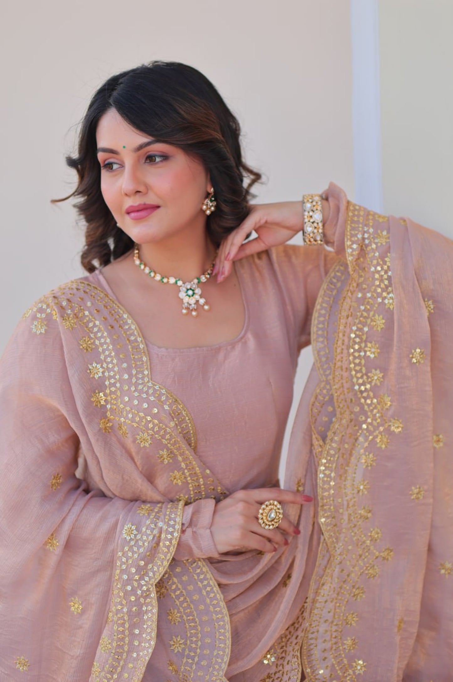 Baby Pink & Light Cream Fendy Gown with Embroidered Dupatta