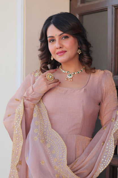 Baby Pink & Light Cream Fendy Gown with Embroidered Dupatta
