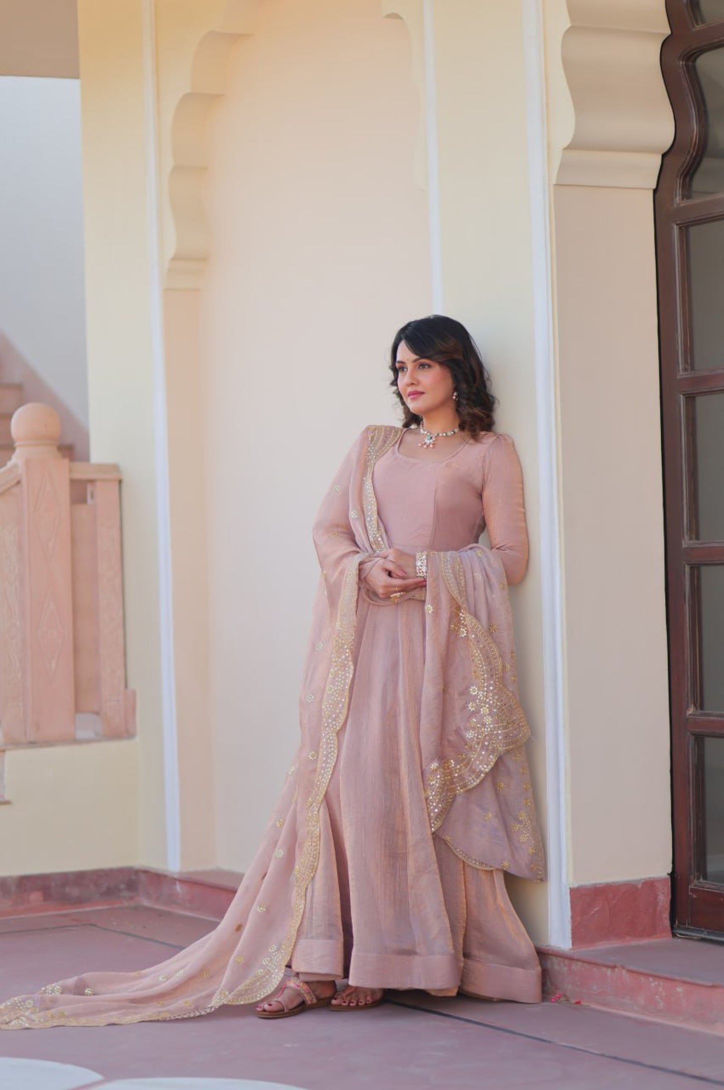 Baby Pink & Light Cream Fendy Gown with Embroidered Dupatta