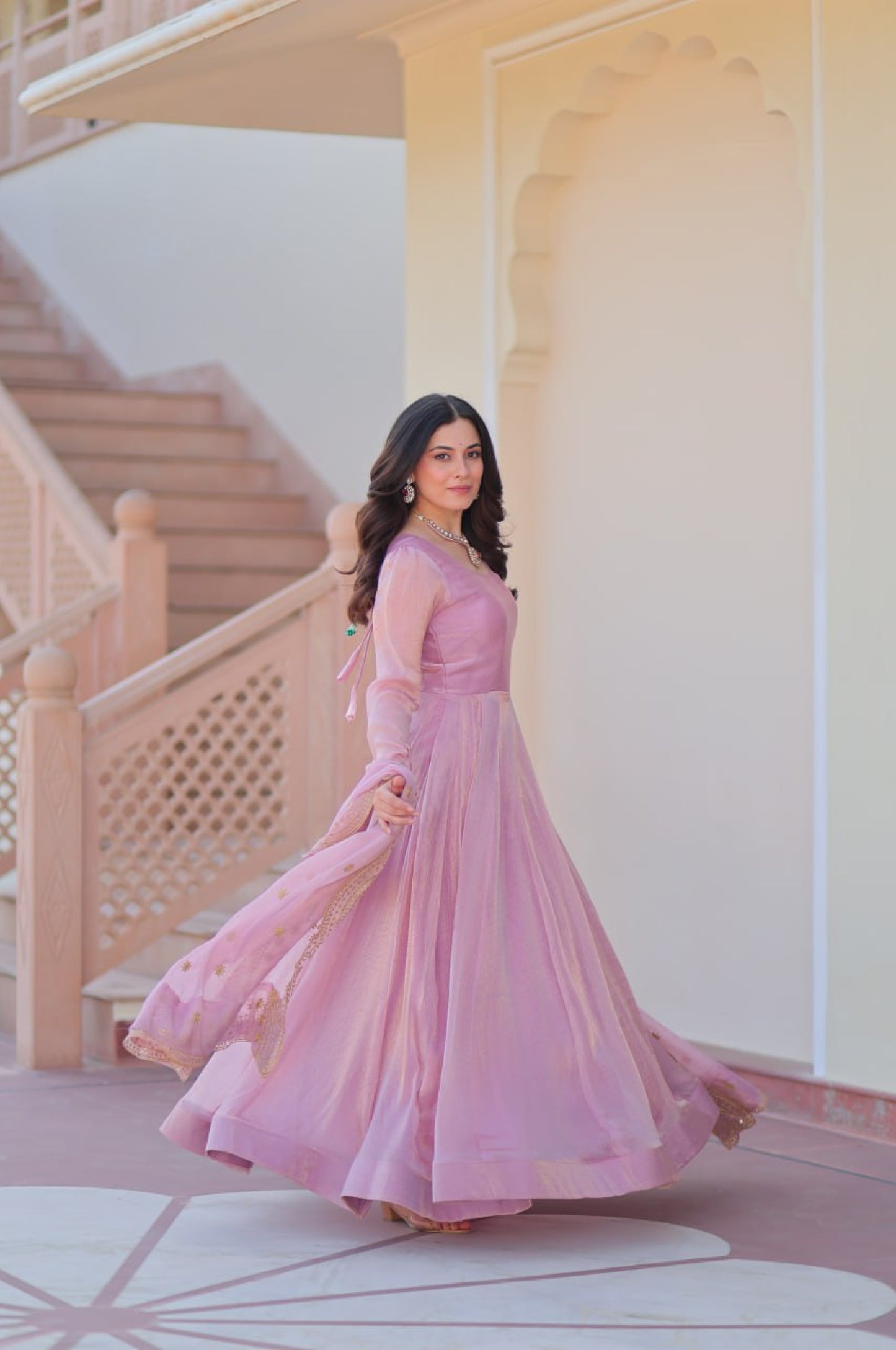 Baby Pink & Light Cream Fendy Gown with Embroidered Dupatta