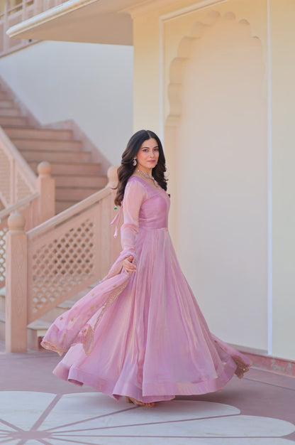 Baby Pink & Light Cream Fendy Gown with Embroidered Dupatta