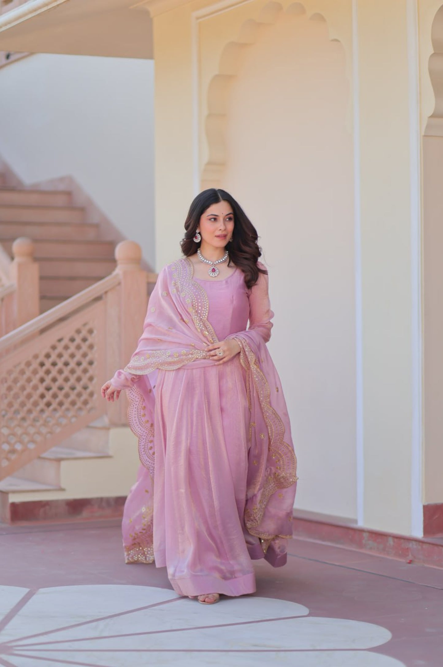 Baby Pink & Light Cream Fendy Gown with Embroidered Dupatta