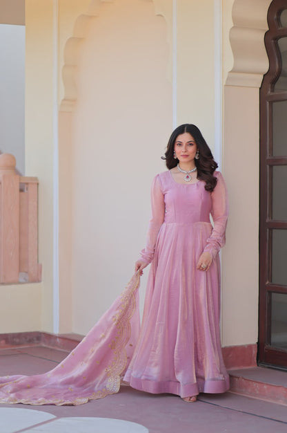 Baby Pink & Light Cream Fendy Gown with Embroidered Dupatta