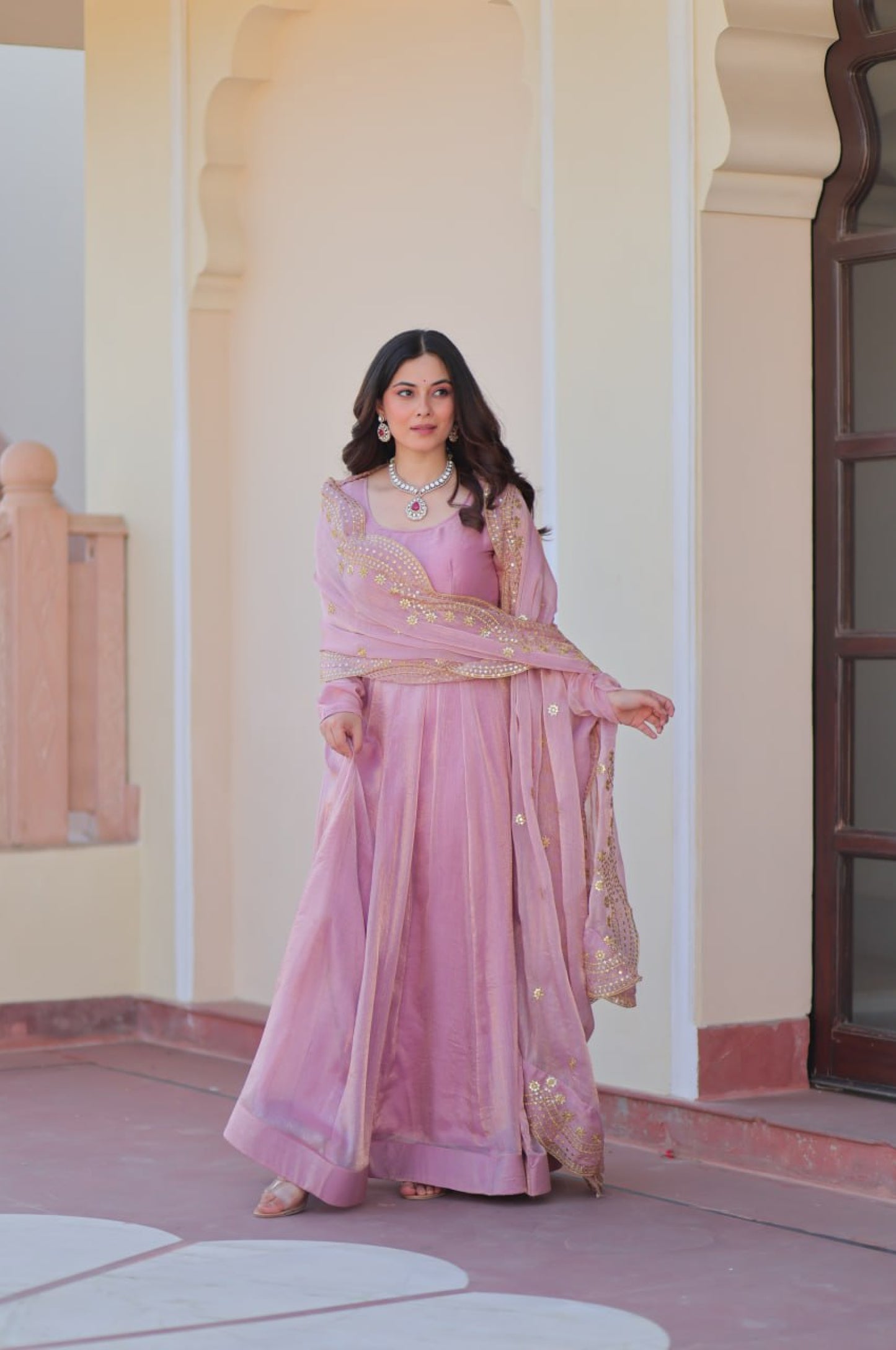 Baby Pink & Light Cream Fendy Gown with Embroidered Dupatta
