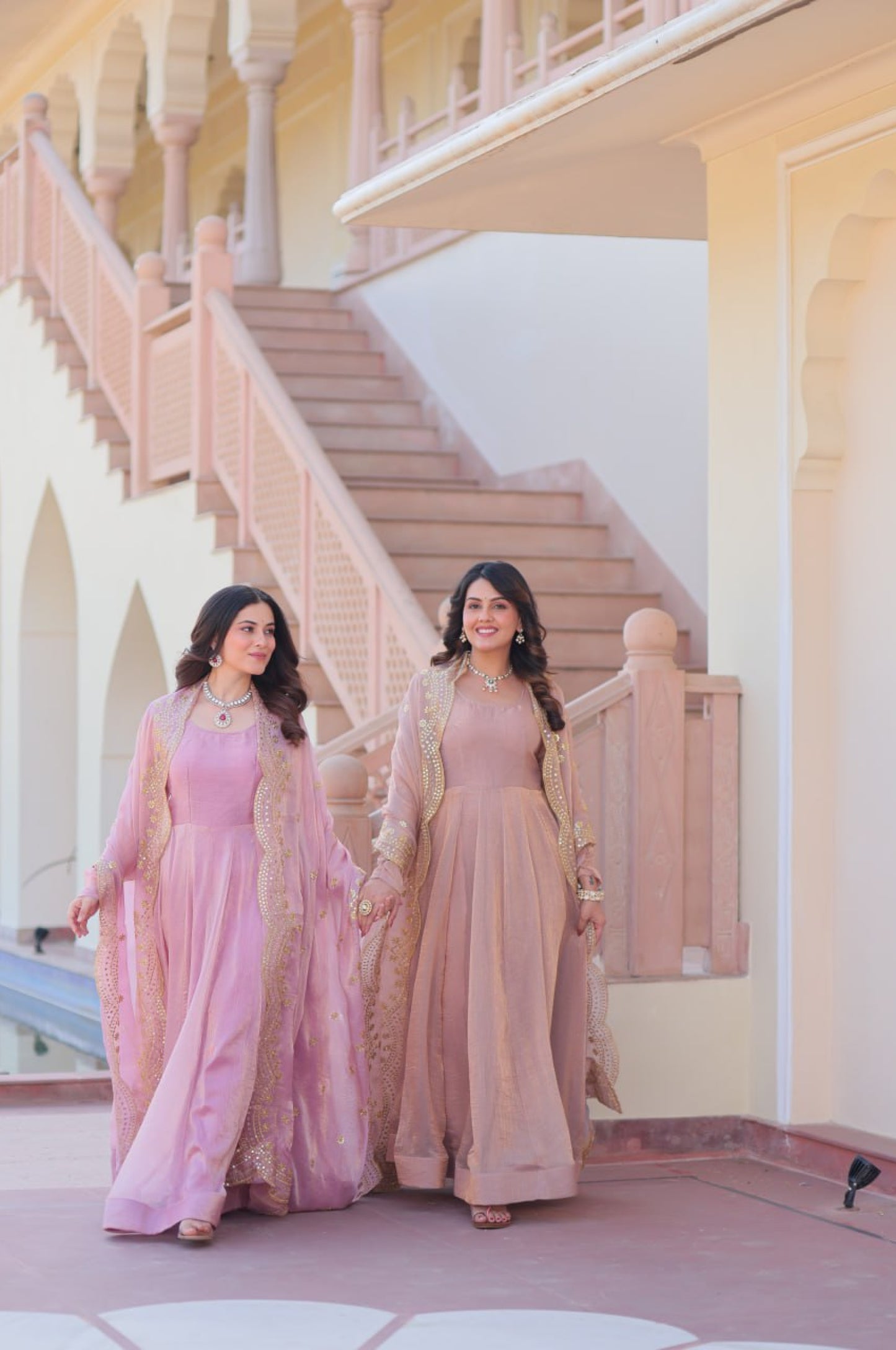 Baby Pink & Light Cream Fendy Gown with Embroidered Dupatta