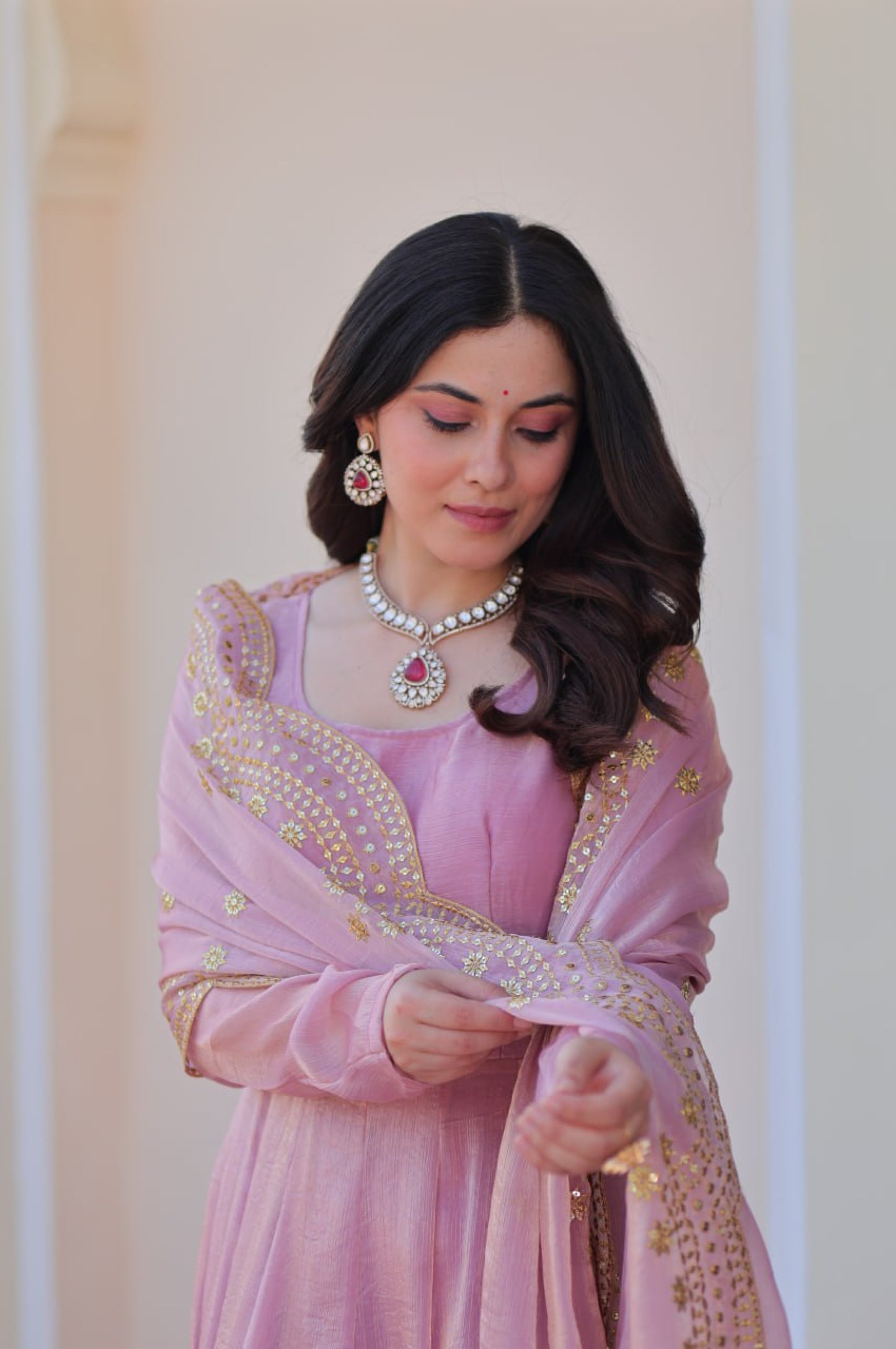 Baby Pink & Light Cream Fendy Gown with Embroidered Dupatta