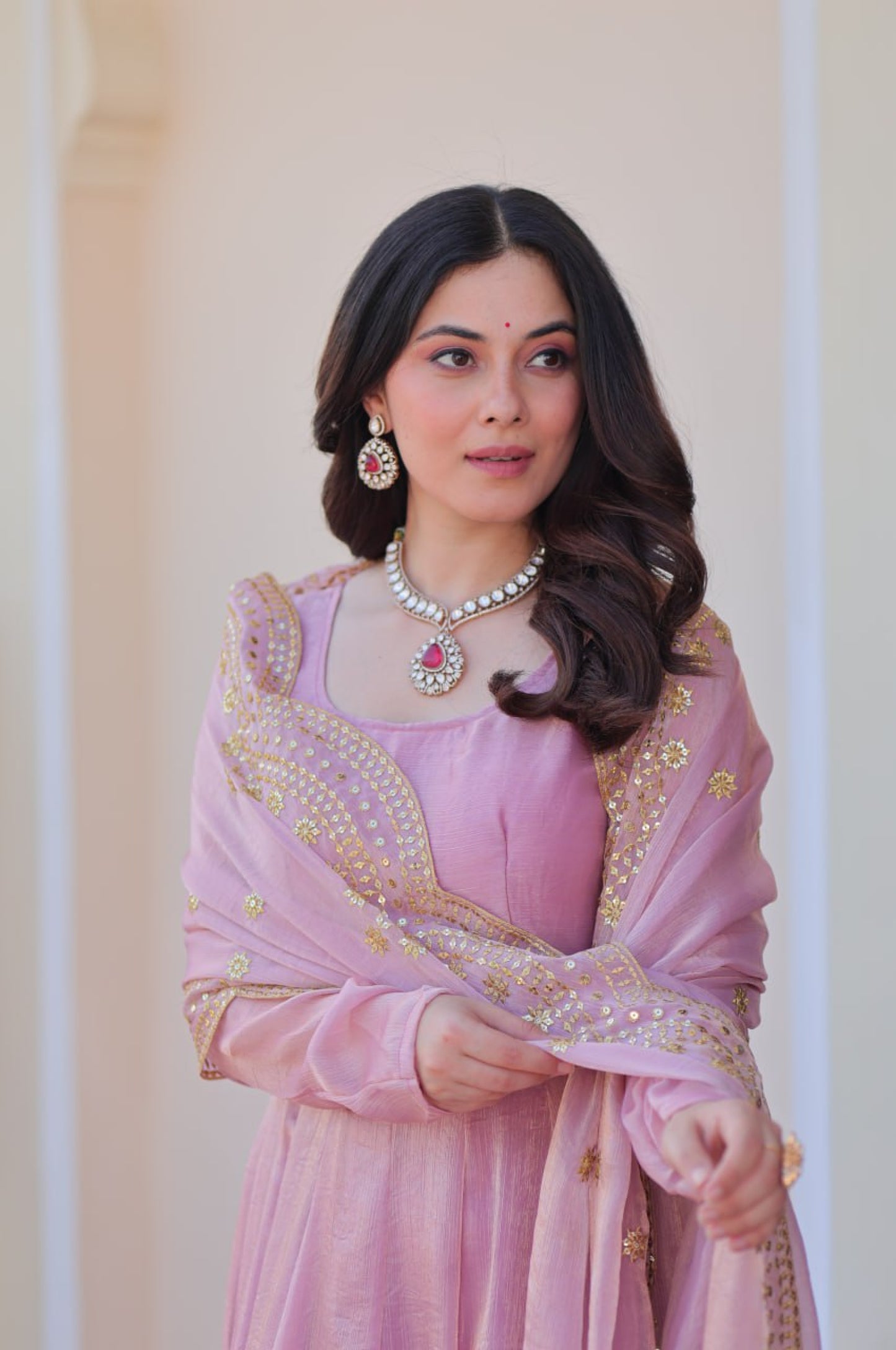 Baby Pink & Light Cream Fendy Gown with Embroidered Dupatta