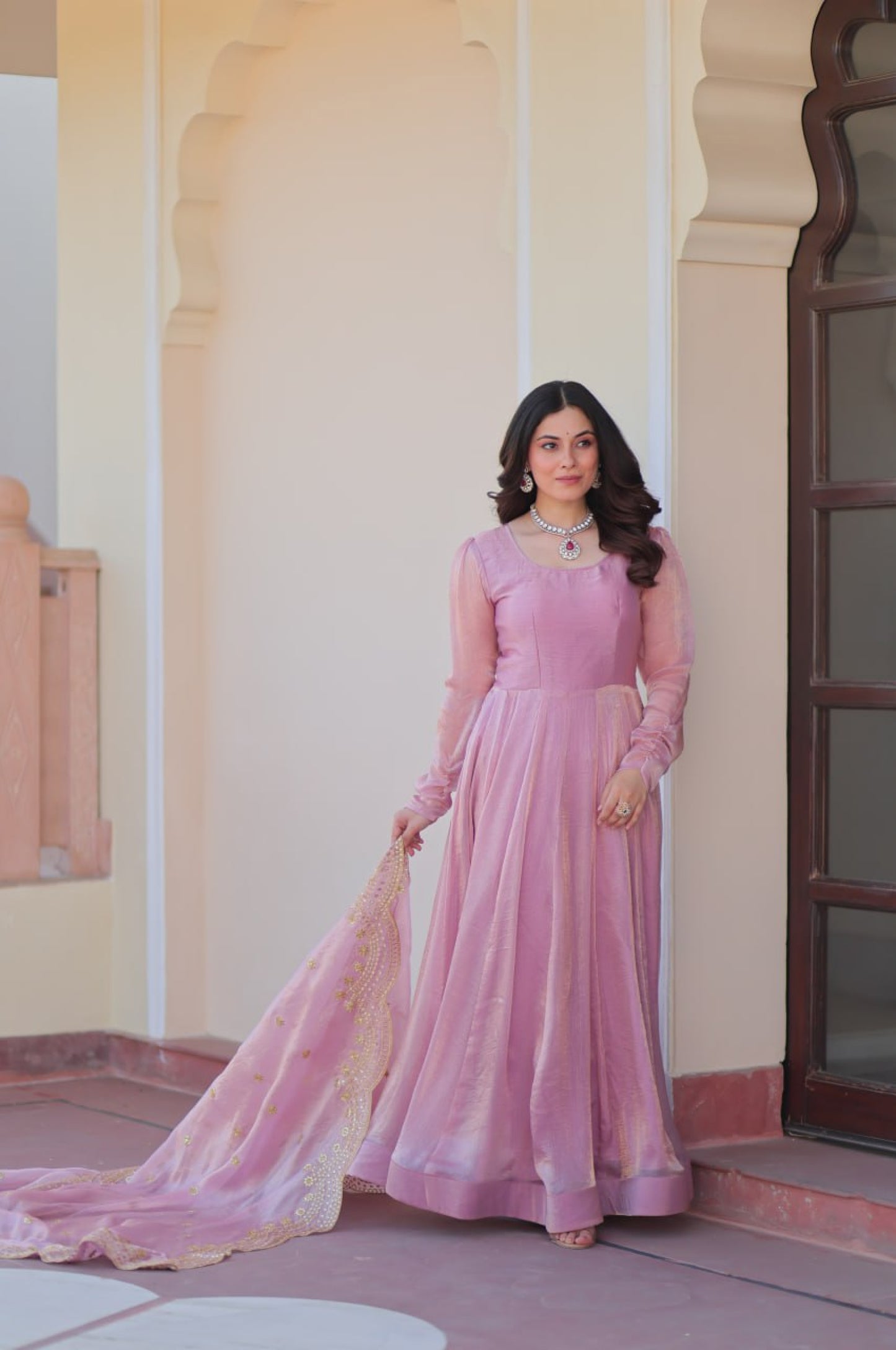 Baby Pink & Light Cream Fendy Gown with Embroidered Dupatta