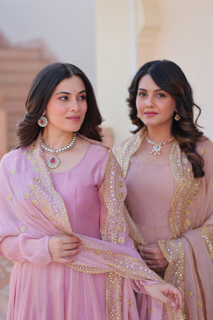 Baby Pink & Light Cream Fendy Gown with Embroidered Dupatta